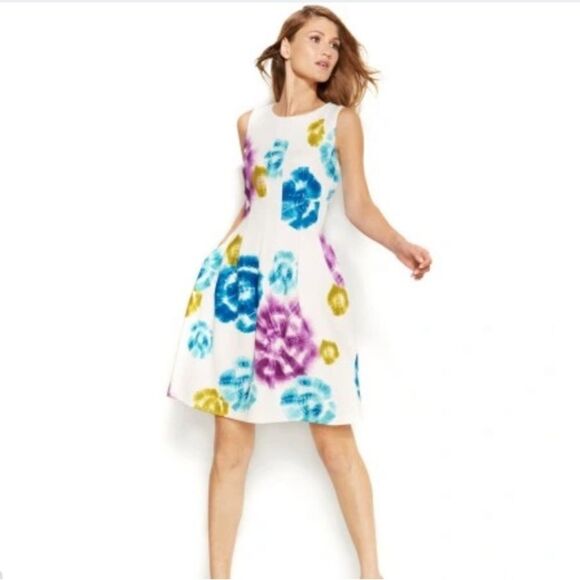 Calvin Klein White Multicolored Tie Dye Circle Print Sleeveless A Line Dress - Picture 1 of 16